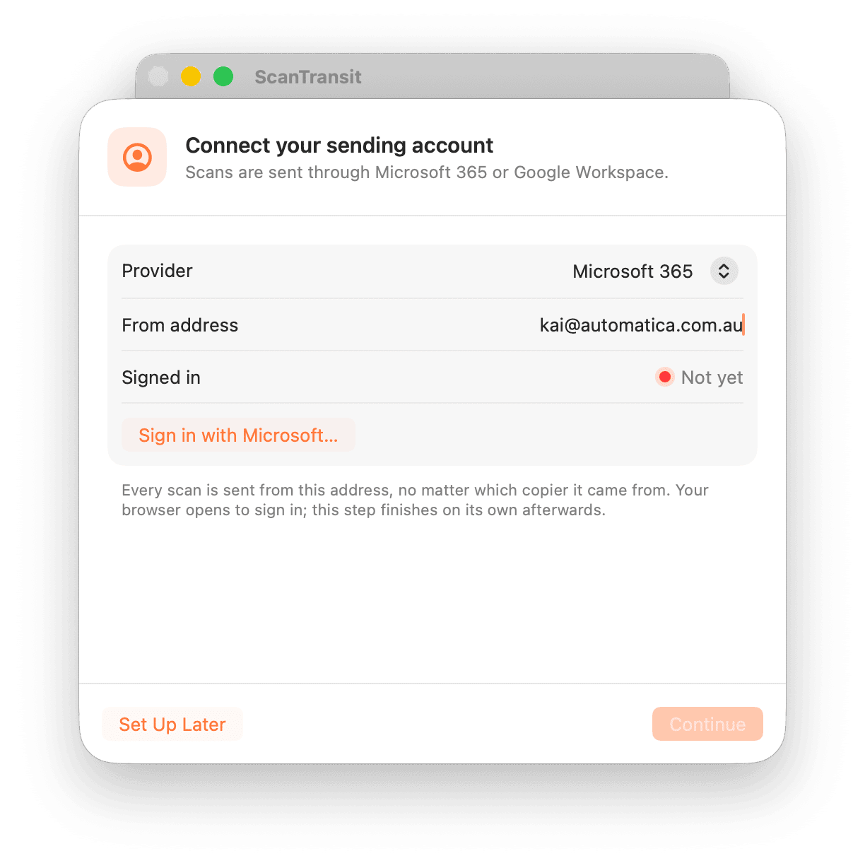 Connect your sending account screen, with Microsoft 365 selected, a from address entered, and the Sign in with Microsoft button enabled