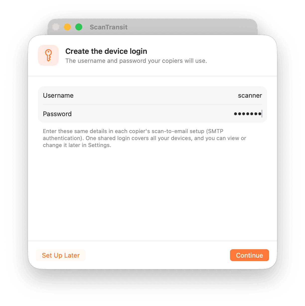 Create the device login screen, with a username and password entered and the Continue button enabled