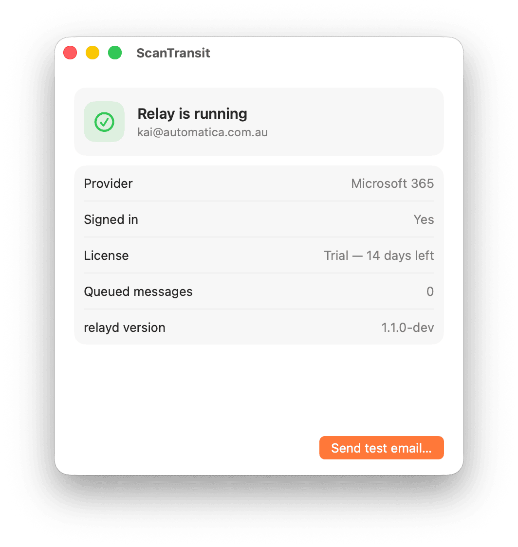 ScanTransit main window showing "Relay is running" with a Send test email button