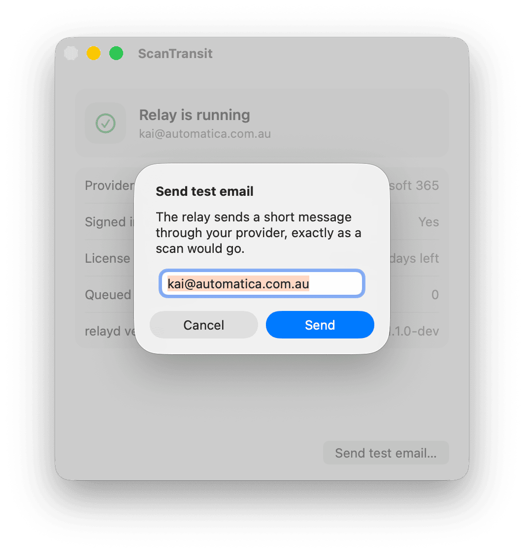Send test email dialog with a recipient address entered